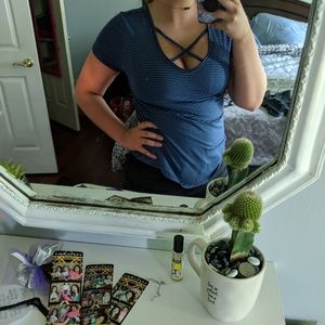 Navy and light blue striped criss cross scoop neck